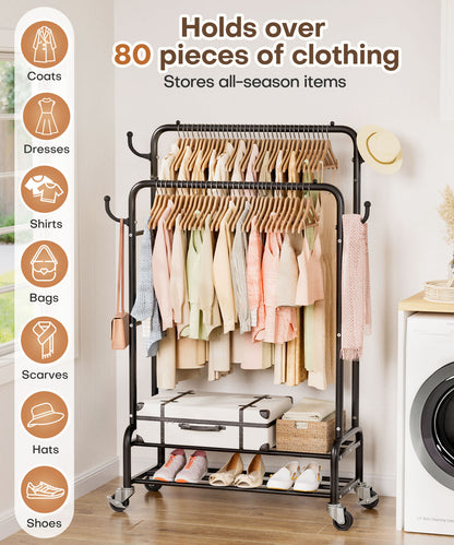 Enogets Heavy Duty Double Rod Garment Rack, Rolling Clothing Racks for Hanging Clothes with Shelves & Wheels, Black