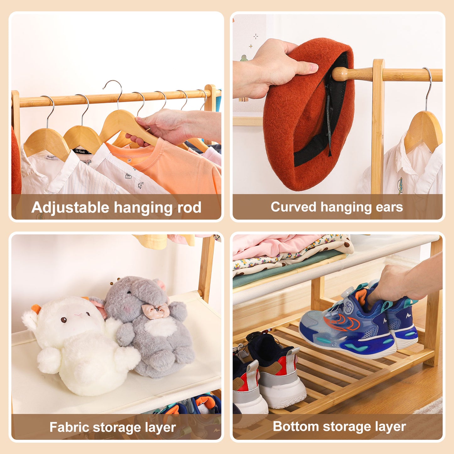 Enogets Bamboo Closet Organizer, Freestanding Clothing Rack with Adjustable Hanging Rods & 2 Storage Baskets for Children's Bedroom