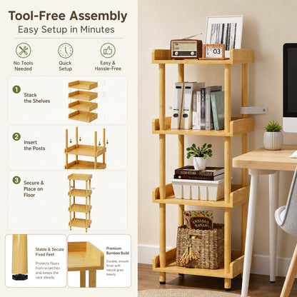 Enogets Bamboo 4-Tier Shelf with Tool-Free Assembly, Bamboo Storage Shelving for Bathroom, Living Room, Kitchen