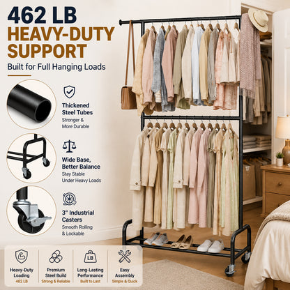 Enogets Heavy Duty Rolling Clothes Rack, double Layers with 450 lbs Capacity, Commercial Grade Garment Rack with Wheels, Black