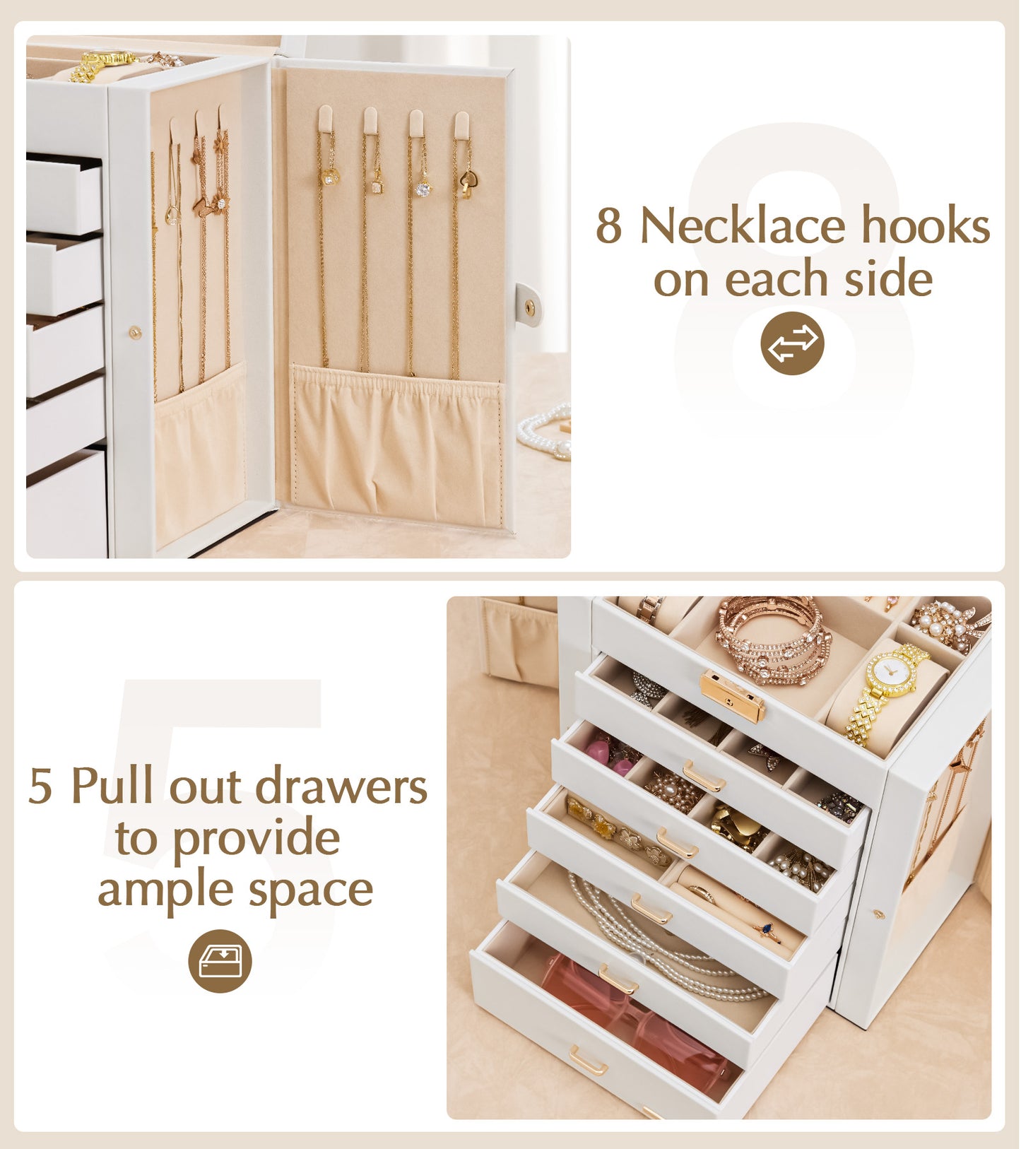 Enogets Large Jewelry Box for Women, 6 Layers 5 Drawers Organizer with Mirror for Ring Earring Necklace