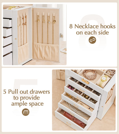 Enogets Large Jewelry Box for Women, 6 Layers 5 Drawers Organizer with Mirror for Ring Earring Necklace