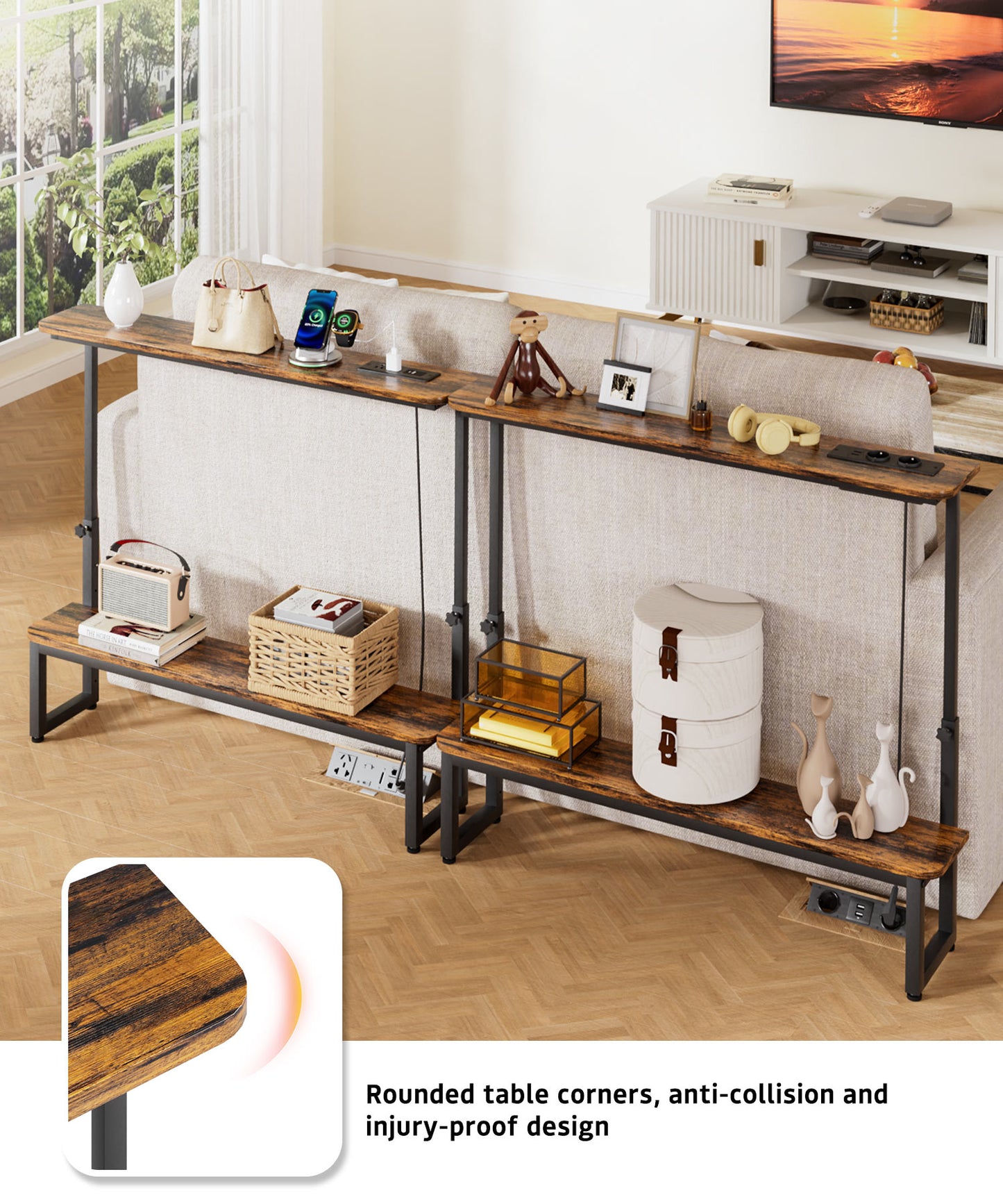 Enogets 39inch Entryway Table with double storage shelves, Console Table Height Adjustable, Behind Couch Metal Frame with Charge Station