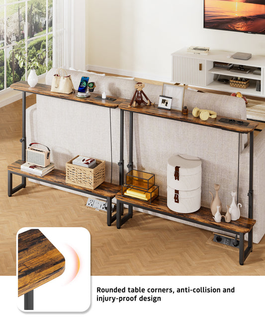 Enogets 39inch Entryway Table with double storage shelves, Console Table Height Adjustable, Behind Couch Metal Frame with Charge Station