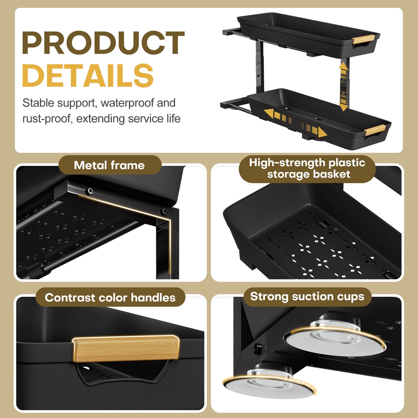 Enogets 2-Pack Under Sink Organizer, 2-Tier Pull-Out Storage Shelf for Kitchen & Bathroom – Black