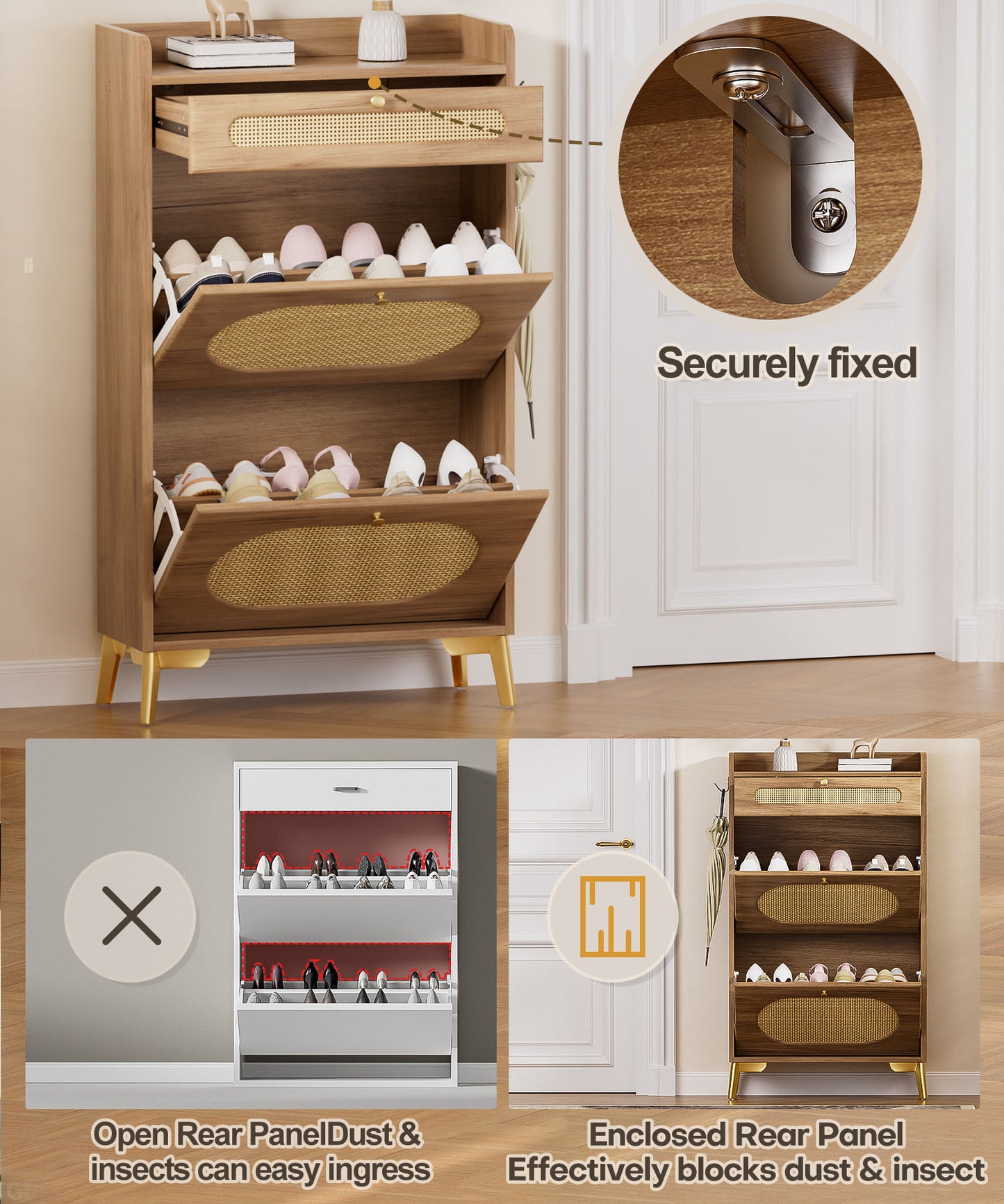 Enogets Rattan Shoe Cabinet with 2 Flip Drawers and Top Drawer for Entryway