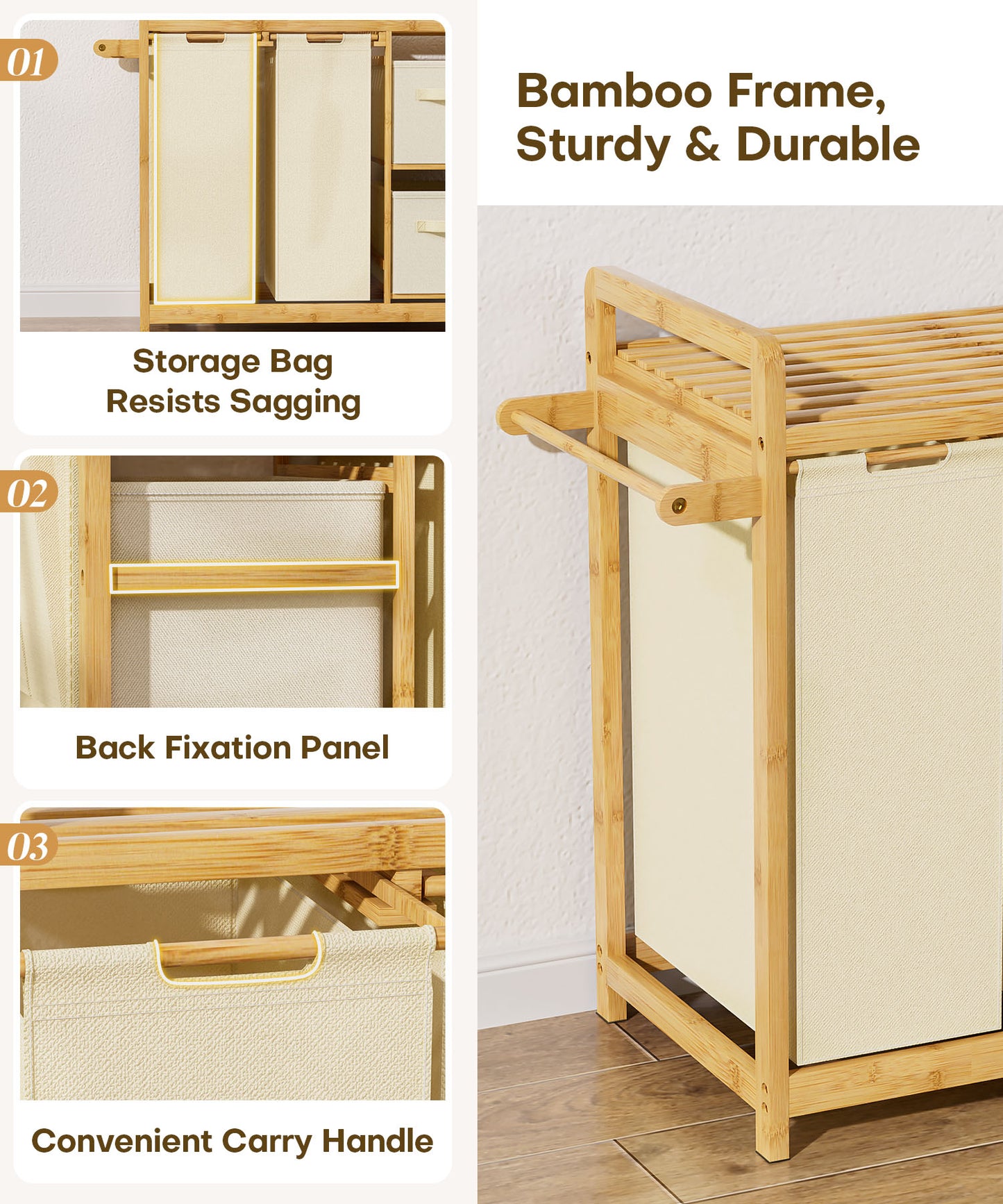 Enogets Bamboo Laundry Hamper, 140L Large Clothes with Removable Bags & Sorter, 4 Section Organizer