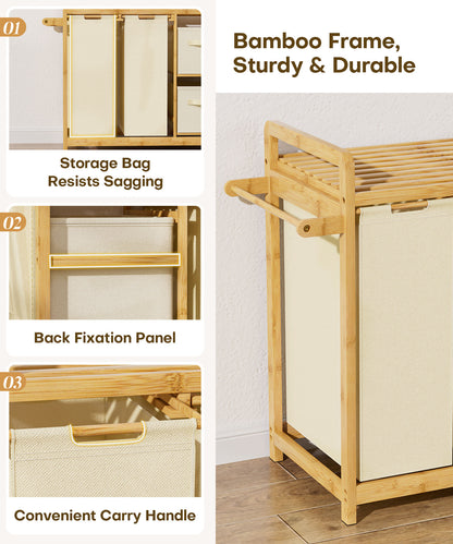 Enogets Bamboo Laundry Hamper, 140L Large Clothes with Removable Bags & Sorter, 4 Section Organizer