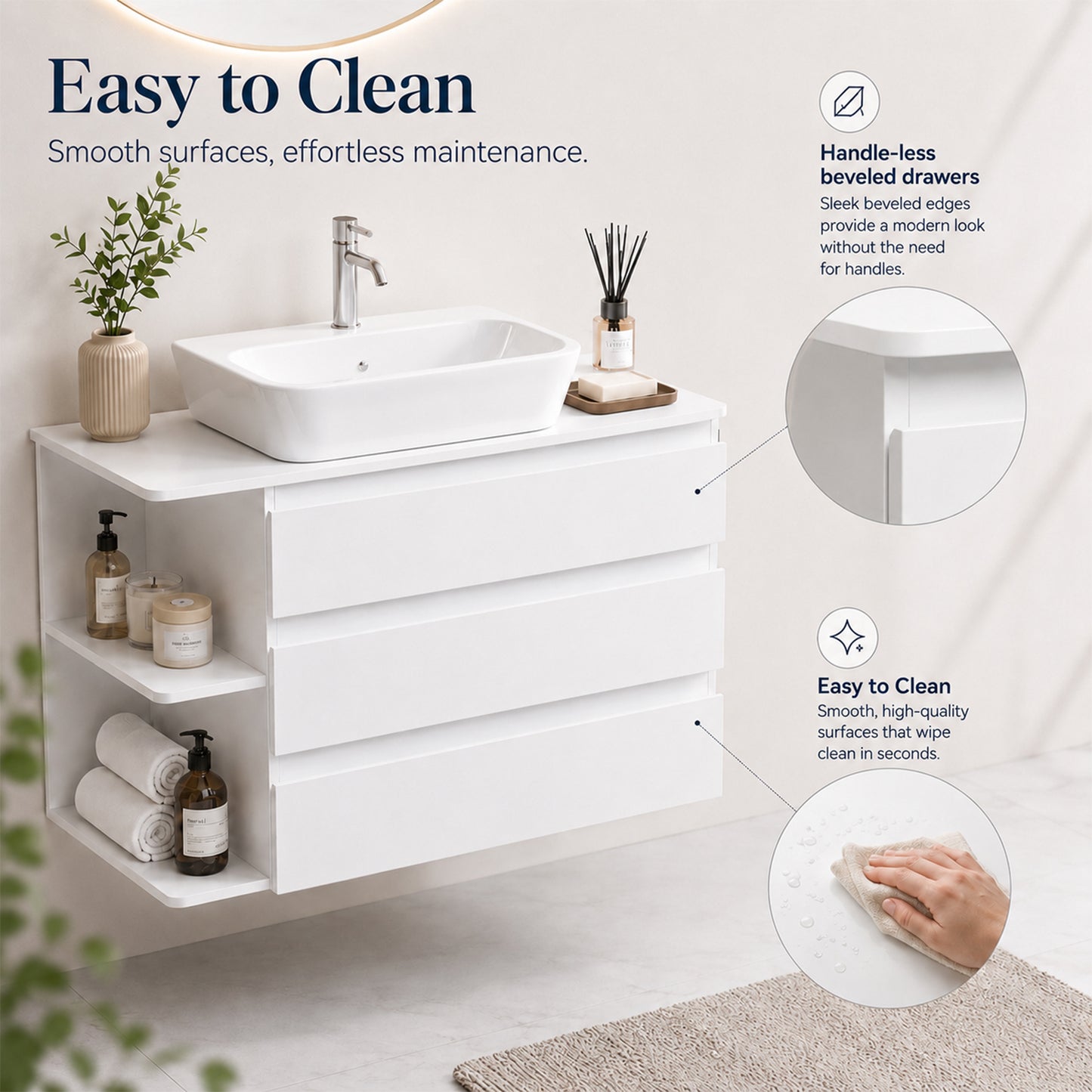 Enogets Wall Mounted Bathroom Vanity, White Floating Cabinet with 3 Drawers and Open Storage, Sink Not Included