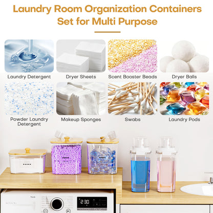 Enogets 5-Pack Laundry Pods Containers with Bamboo Lids, Clear Jars for Washing Detergent and Scent Beads, Includes Labels and Scoops
