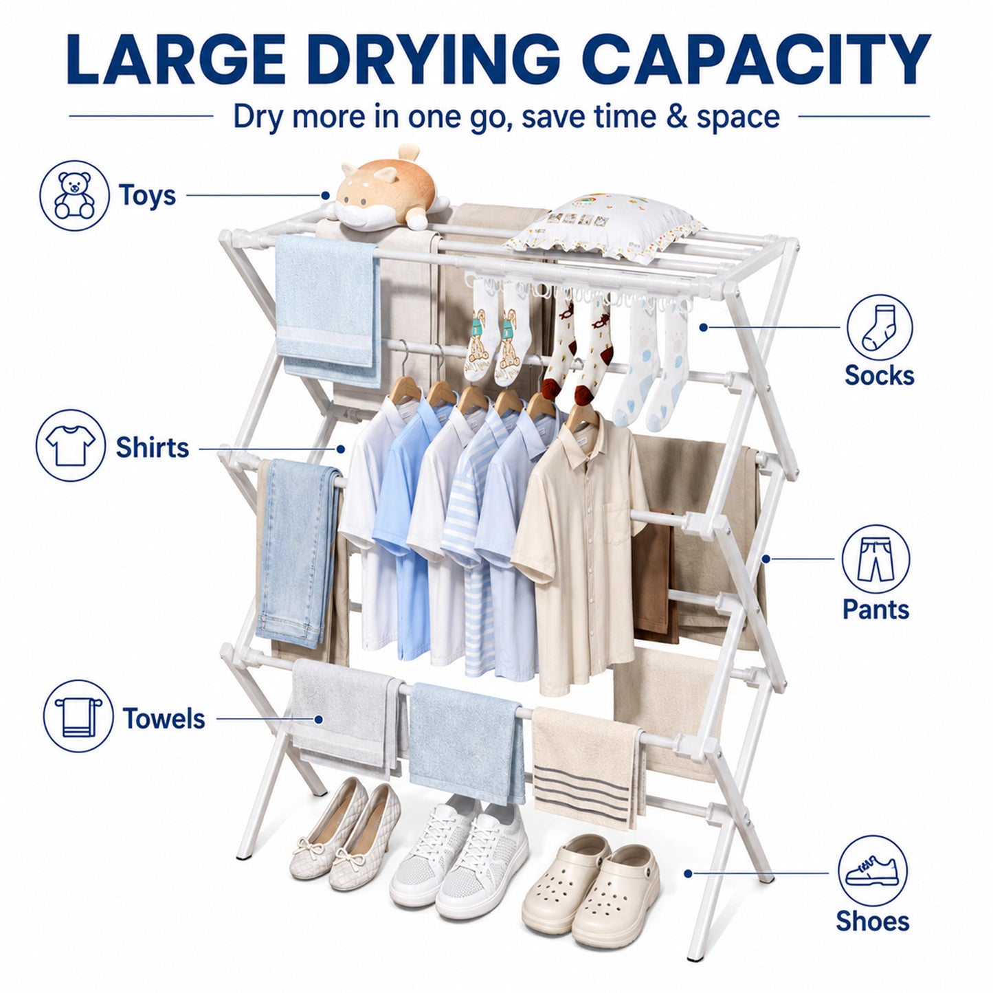 Enogets Expandable Clothes Drying Rack, Foldable & Collapsible Steel Laundry Drying Racks, White