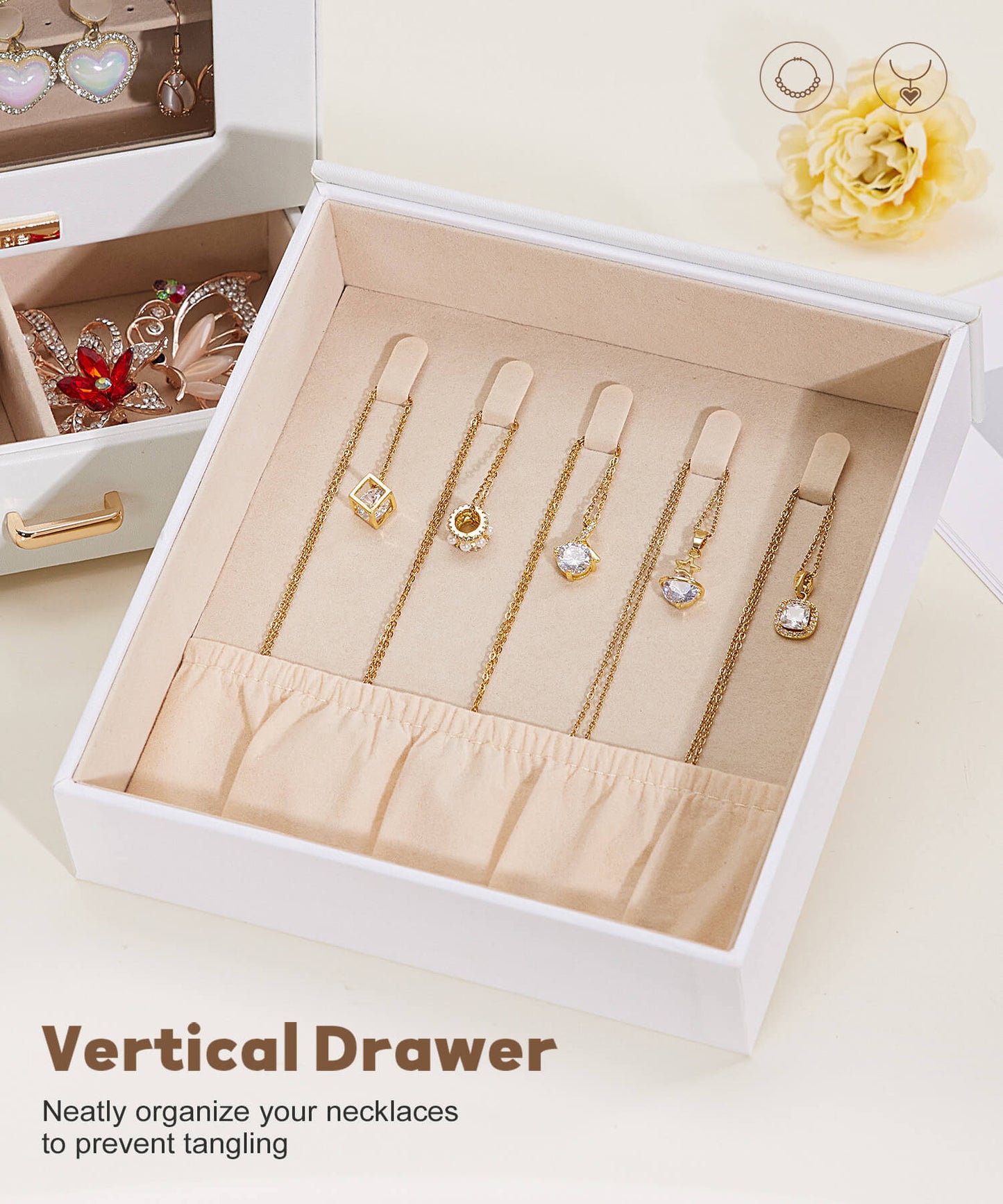 Enogets Jewelry Organizer with Display Windows& 3 Drawers, Jewelry Box for Girls Women Jewels