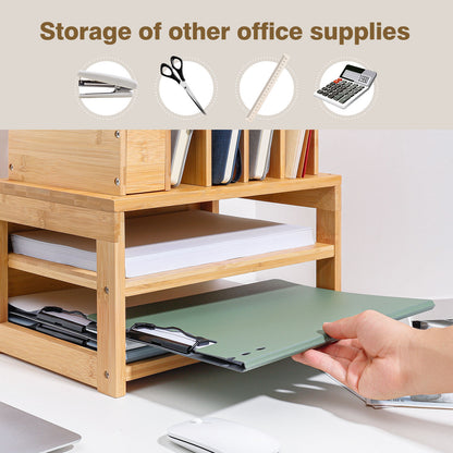 Enogets Bamboo Desk Organizer with File Holder & Adjustable Pen Holding, 3-Tier Desktop Letter Paper Tray Storage