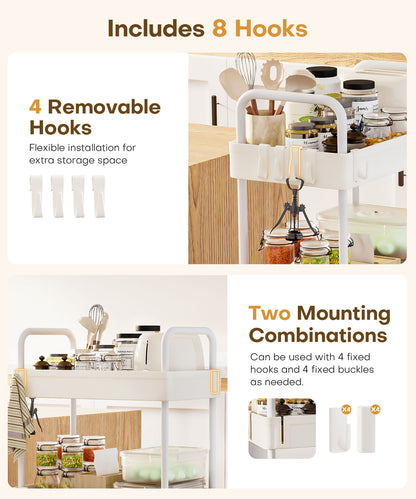 Enogets 4 Tier Utility Rolling Cart, Mobile Storage Cart for Kitchen with Lockable Caster Wheels, Handle & Hooks, White