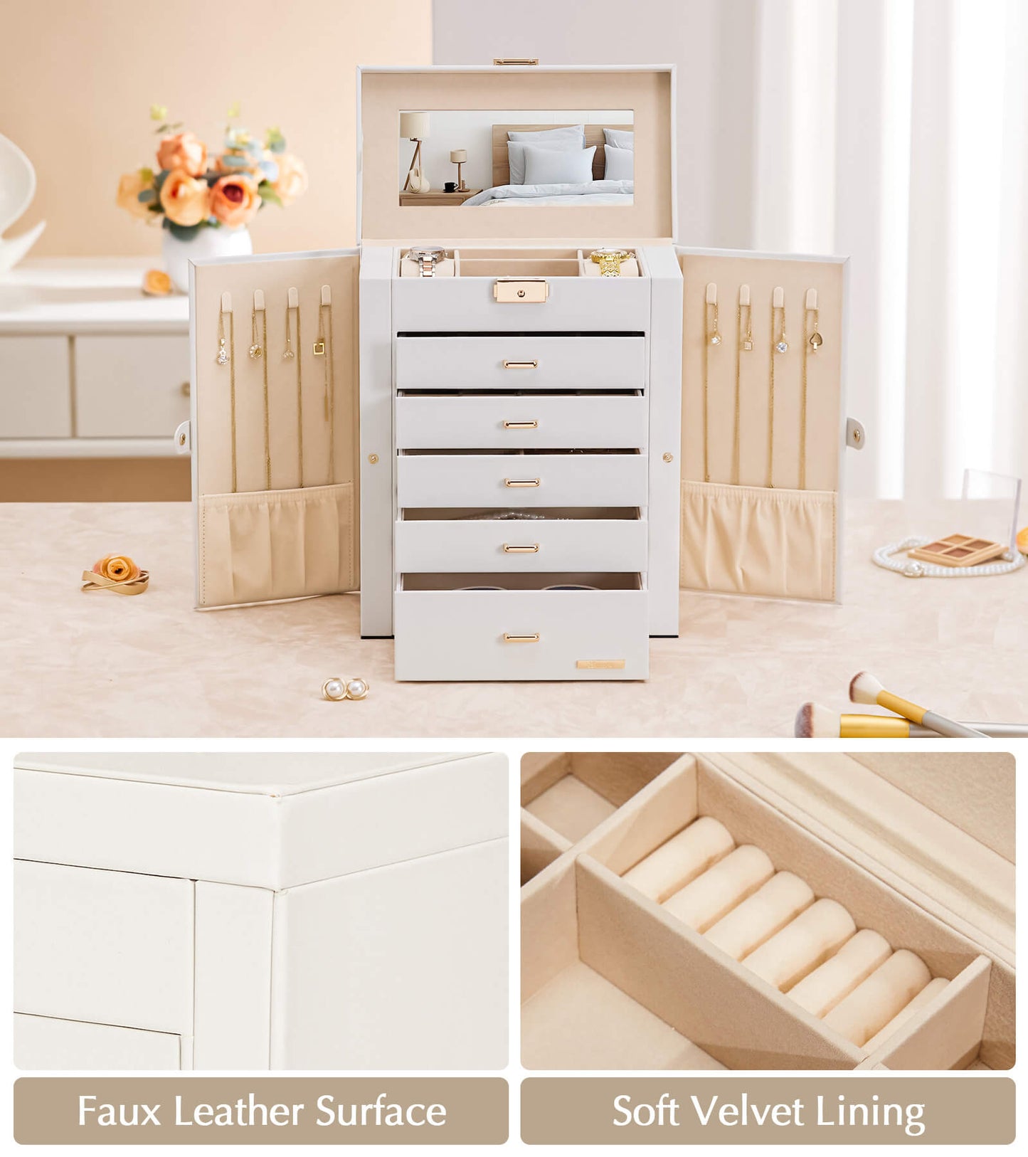 Enogets Large Jewelry Box for Women, 6 Layers 5 Drawers Organizer with Mirror for Ring Earring Necklace