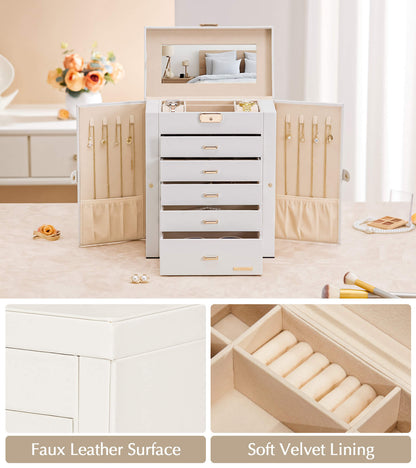 Enogets Large Jewelry Box for Women, 6 Layers 5 Drawers Organizer with Mirror for Ring Earring Necklace