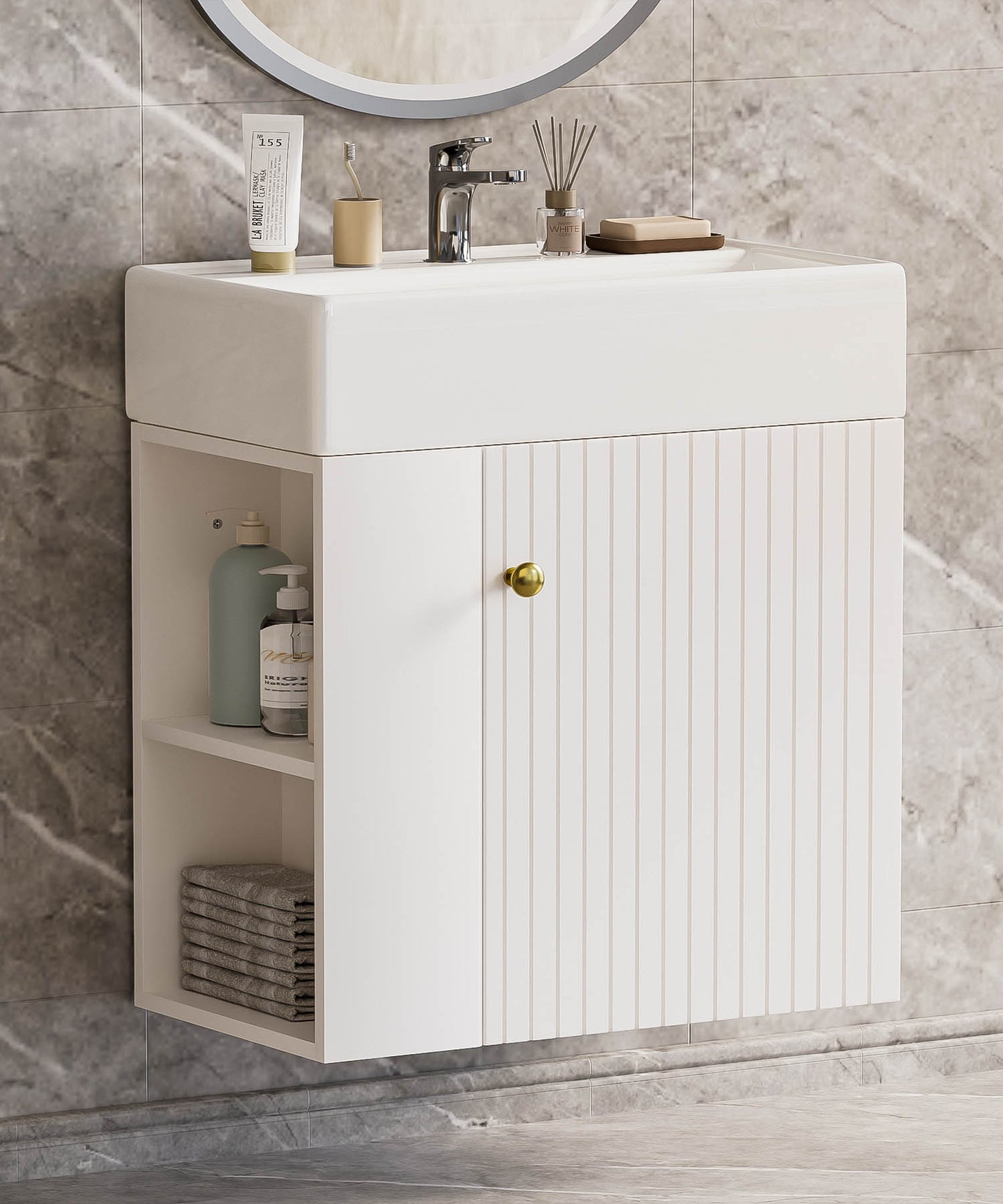 Enogets Bathroom Vanity Wall-Mounted with Ceramic Sink, Single Door Storage Cabinet, Space Saving Design for Small Bathroom