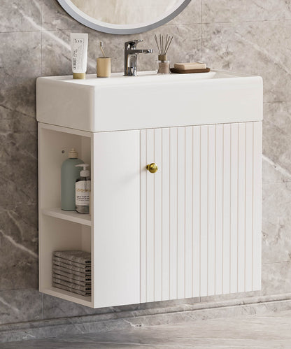 Enogets Bathroom Vanity Wall-Mounted with Ceramic Sink, Single Door Storage Cabinet, Space Saving Design for Small Bathroom