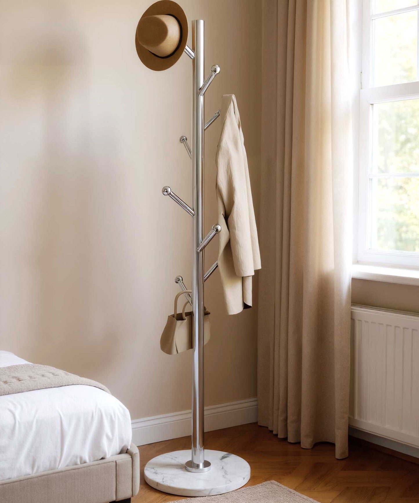 Enogets Coat Rack Stand with Marble Base & 8 Stainless Steel Hooks, Freestanding Clothes Tree (70" Tall, Silver)"