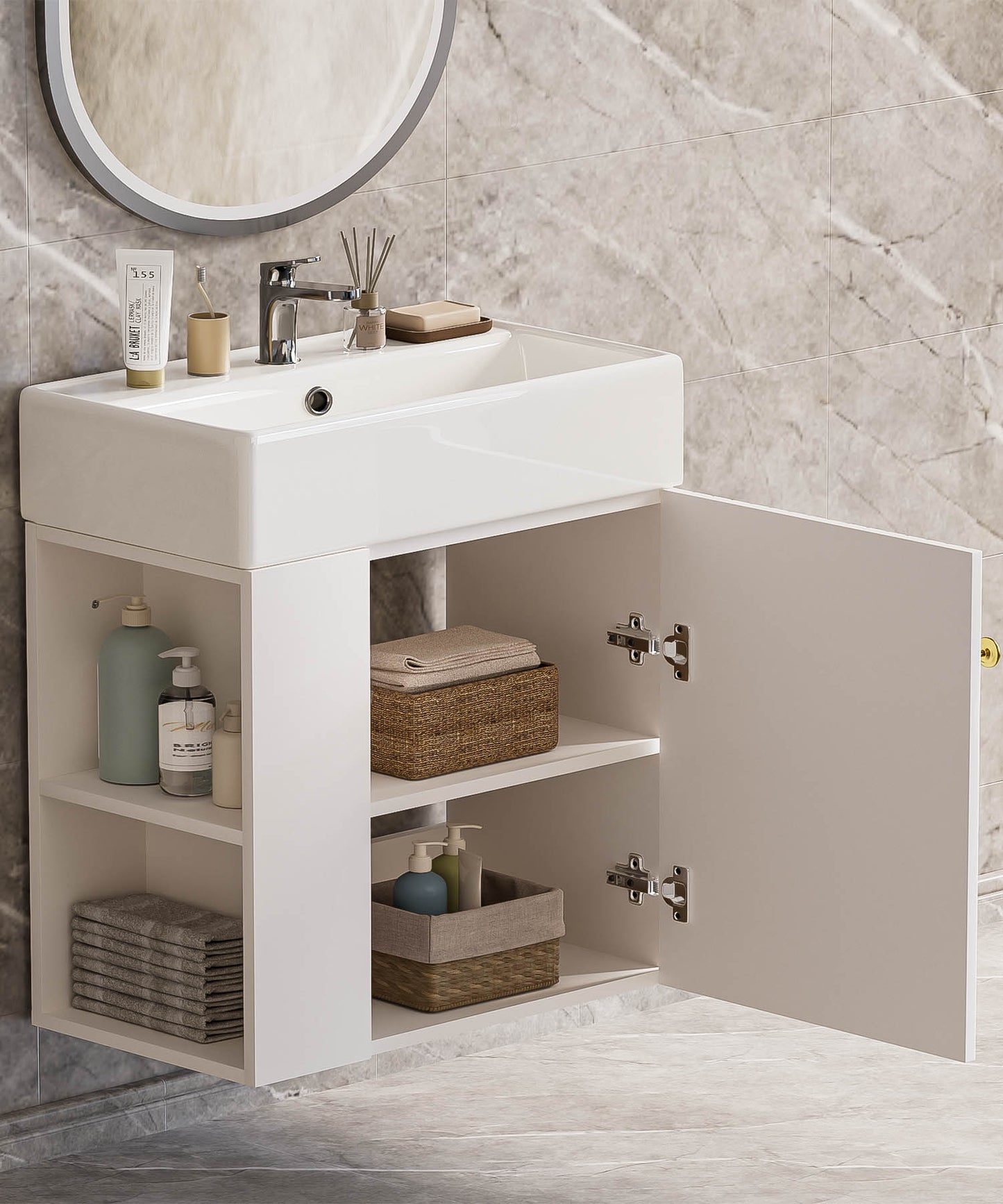 Enogets Bathroom Vanity Wall-Mounted with Ceramic Sink, Single Door Storage Cabinet, Space Saving Design for Small Bathroom