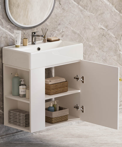 Enogets Bathroom Vanity Wall-Mounted with Ceramic Sink, Single Door Storage Cabinet, Space Saving Design for Small Bathroom