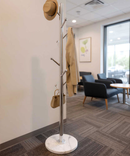 Enogets Coat Rack Stand with Marble Base & 8 Stainless Steel Hooks, Freestanding Clothes Tree (70" Tall, Silver)"