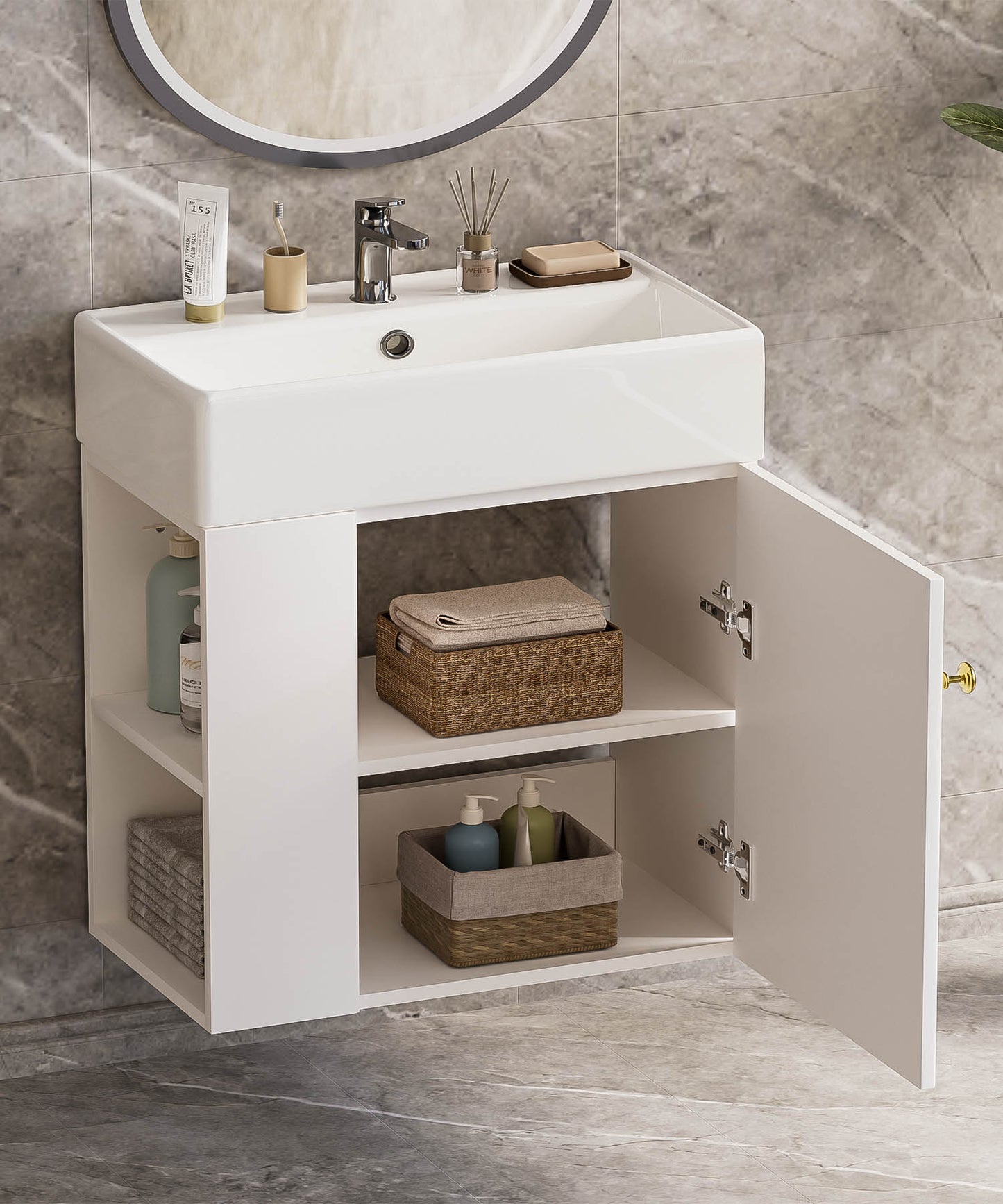 Enogets Bathroom Vanity Wall-Mounted with Ceramic Sink, Single Door Storage Cabinet, Space Saving Design for Small Bathroom