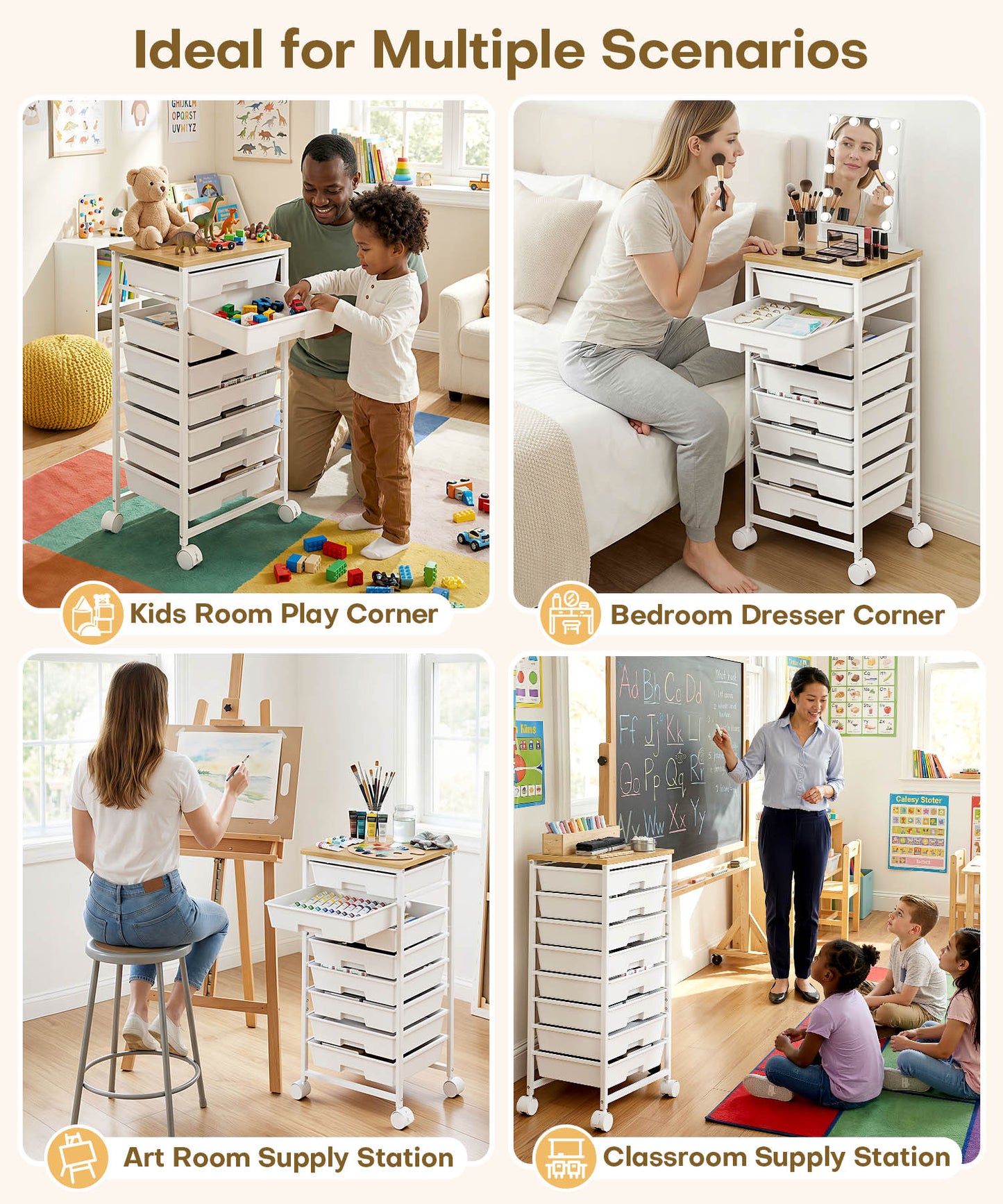 Enogets Rolling Utility Cart with 8 Drawers, Scrapbook Paper &tools Office School GarageOrganizer, White