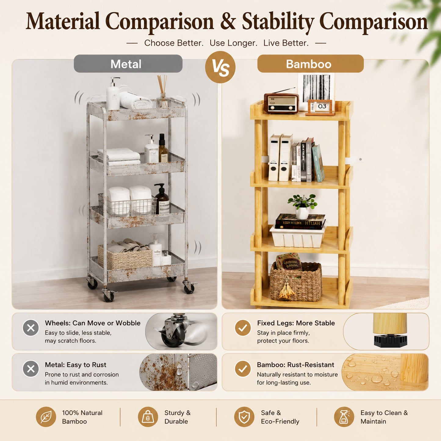 Enogets Bamboo 4-Tier Shelf with Tool-Free Assembly, Bamboo Storage Shelving for Bathroom, Living Room, Kitchen