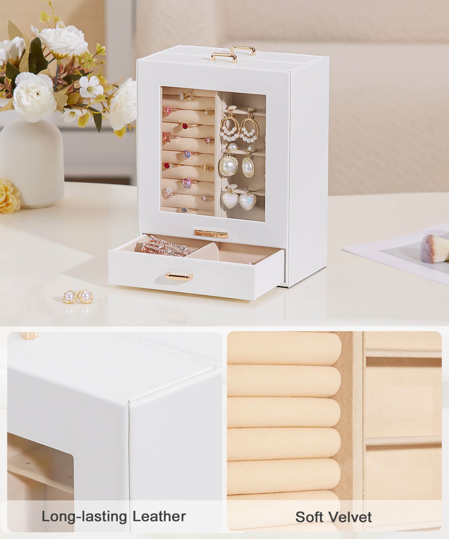 Enogets Jewelry Organizer with Display Windows& 3 Drawers, Jewelry Box for Girls Women Jewels
