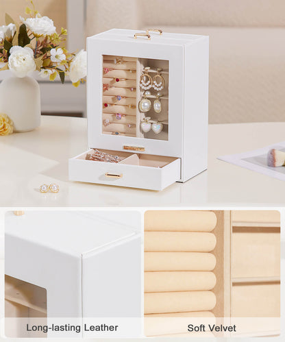 Enogets Jewelry Organizer with Display Windows& 3 Drawers, Jewelry Box for Girls Women Jewels