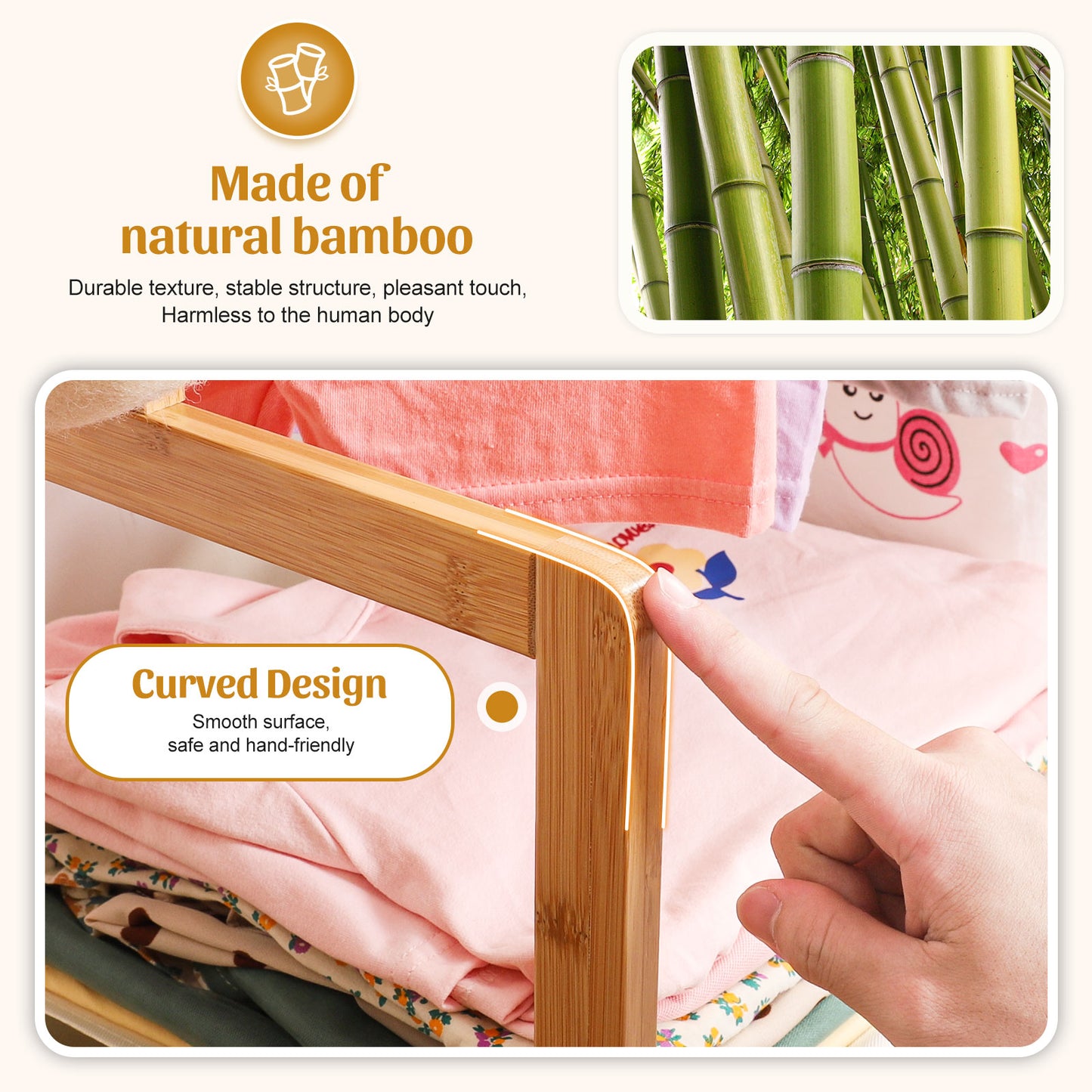 Enogets Bamboo Closet Organizer, Freestanding Clothing Rack with Adjustable Hanging Rods & 2 Storage Baskets for Children's Bedroom