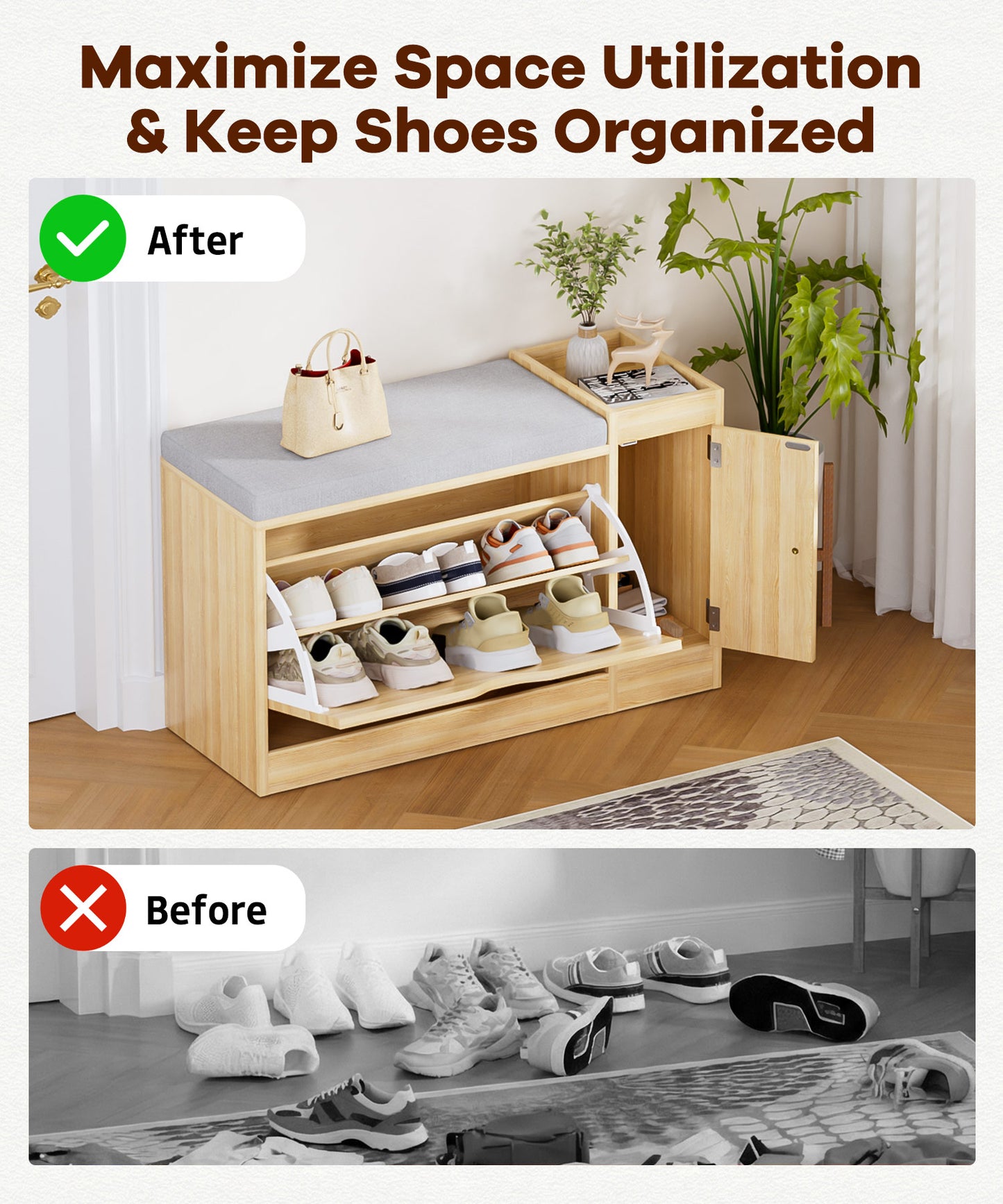 Enogets 2 in 1 Shoe Bench with 2 Flip Drawers, Modern Entryway Shoes Cabinet with Padded Seat Cushion, Wooden Shoe Storage for Entryway, Bedroom and Apartment, 31.5"