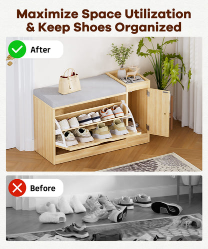 Enogets 2 in 1 Shoe Bench with 2 Flip Drawers, Modern Entryway Shoes Cabinet with Padded Seat Cushion, Wooden Shoe Storage for Entryway, Bedroom and Apartment, 31.5"