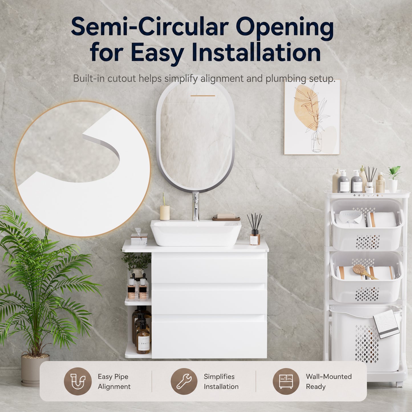Enogets Wall Mounted Bathroom Vanity, White Floating Cabinet with 3 Drawers and Open Storage, Sink Not Included