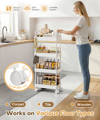 Enogets 4 Tier Utility Rolling Cart, Mobile Storage Cart for Kitchen with Lockable Caster Wheels, Handle & Hooks, White