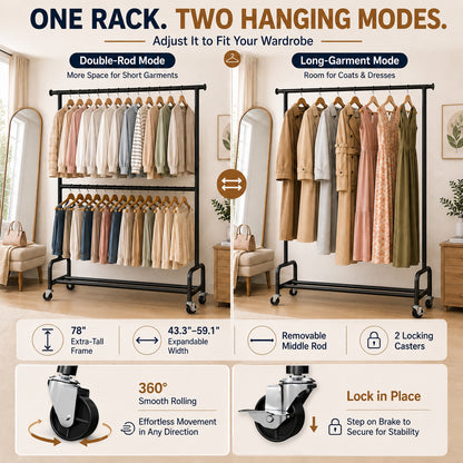 Enogets Heavy Duty Rolling Clothes Rack, double Layers with 450 lbs Capacity, Commercial Grade Garment Rack with Wheels, Black