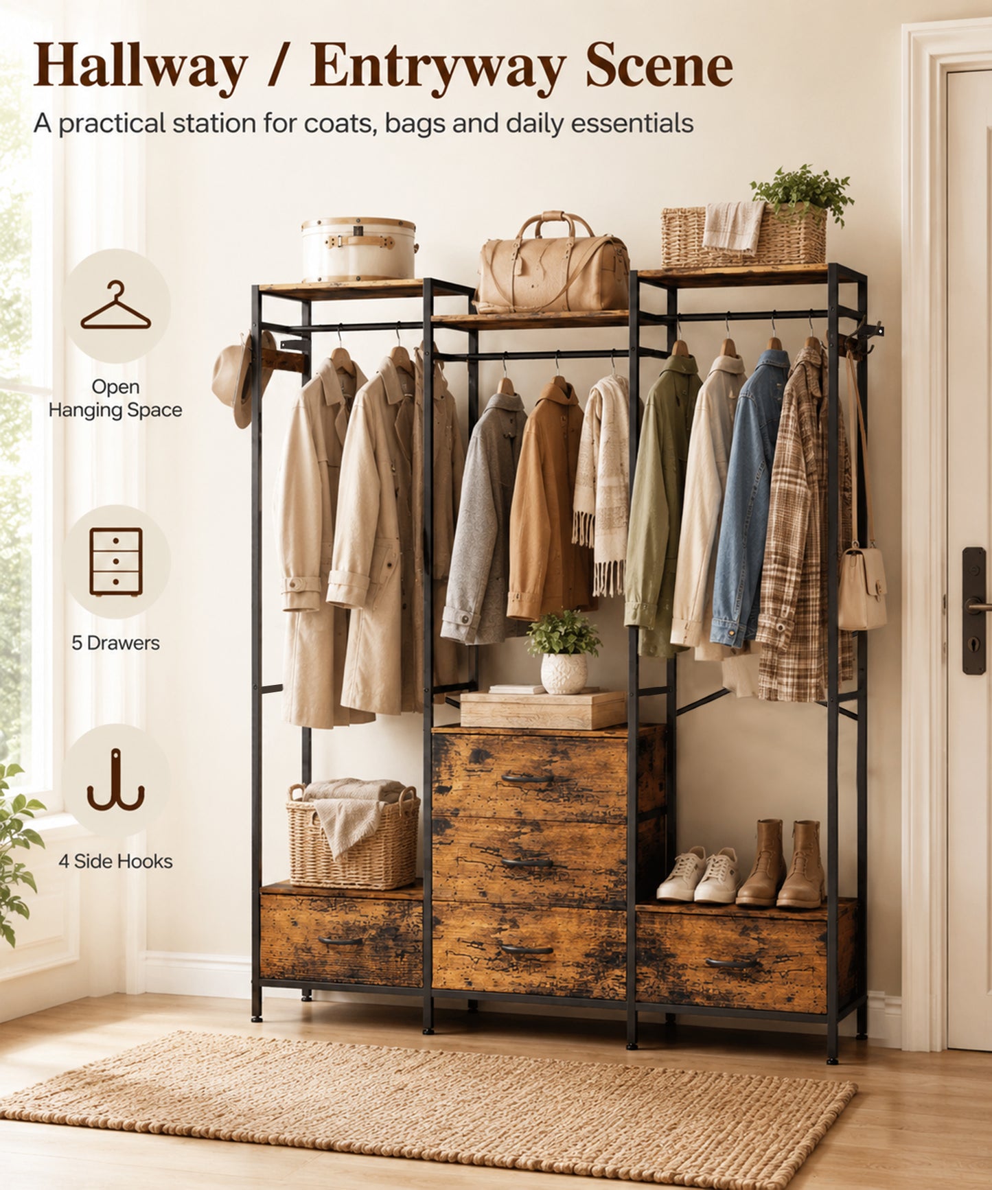 Enogets Freestanding Closet Organiser with 5 Drawer, Big Garment Hanging Rack, Wardrobe Storage Organizer for Bedroom, Living Room