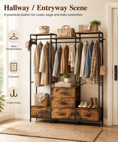Enogets Freestanding Closet Organiser with 5 Drawer, Big Garment Hanging Rack, Wardrobe Storage Organizer for Bedroom, Living Room