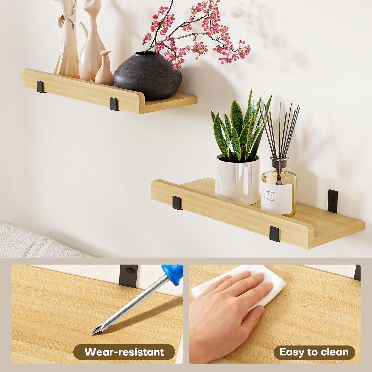 Floating Wall Shelf Set of 2, 40 cm Rectangular Wall Mounted Shelves for Bathroom, Kitchen, Living Room Storage