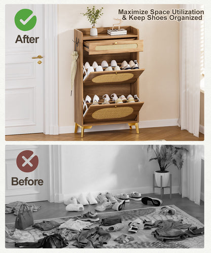 Enogets Rattan Shoe Cabinet with 2 Flip Drawers and Top Drawer for Entryway