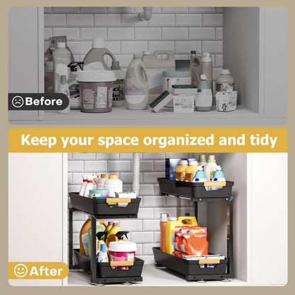 Enogets 2-Pack Under Sink Organizer, 2-Tier Pull-Out Storage Shelf for Kitchen & Bathroom – Black