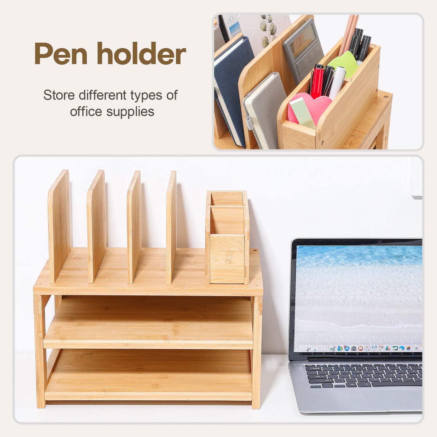 Enogets Bamboo Desk Organizer with File Holder & Adjustable Pen Holding, 3-Tier Desktop Letter Paper Tray Storage