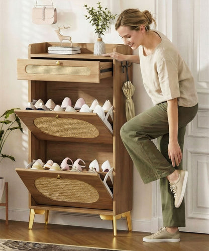 Enogets Rattan Shoe Cabinet with 2 Flip Drawers and Top Drawer for Entryway