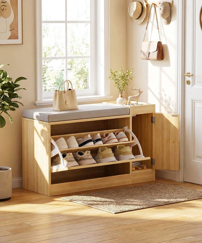 Enogets 2 in 1 Shoe Bench with 2 Flip Drawers, Modern Entryway Shoes Cabinet with Padded Seat Cushion, Wooden Shoe Storage for Entryway, Bedroom and Apartment, 31.5"