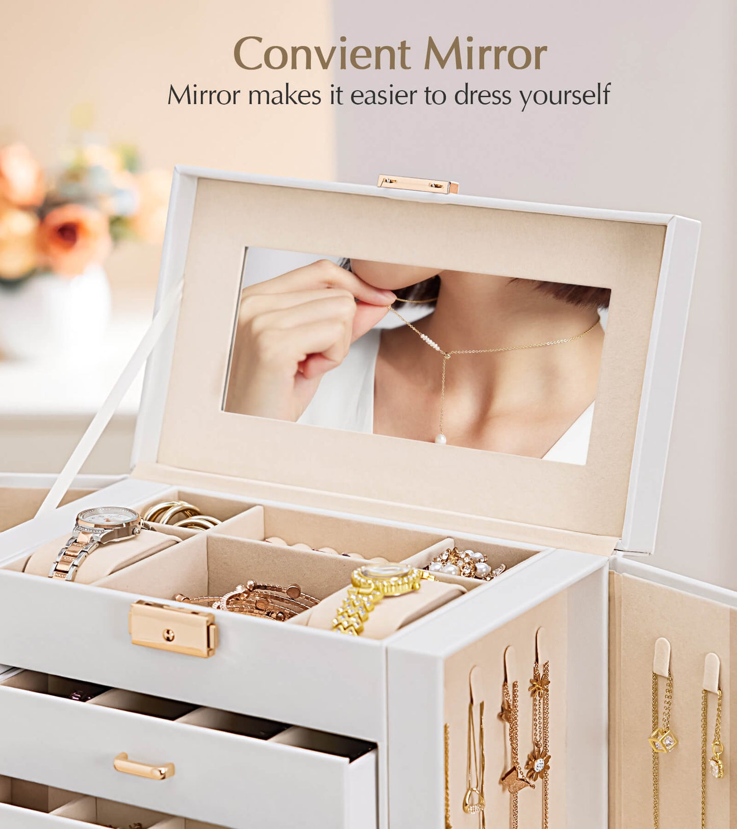 Enogets Large Jewelry Box for Women, 6 Layers 5 Drawers Organizer with Mirror for Ring Earring Necklace