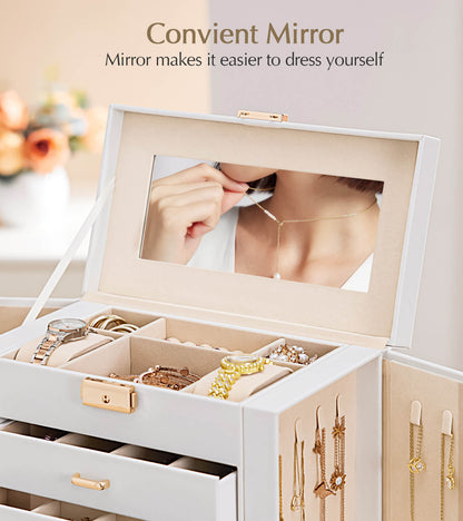 Enogets Large Jewelry Box for Women, 6 Layers 5 Drawers Organizer with Mirror for Ring Earring Necklace