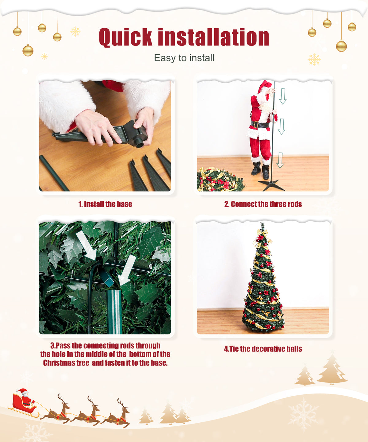 Enogets Pre-Lit Pop-Up Christmas Tree 6FT with Warm White Lights, Foldable Holiday Tree with Red & Gold Ornaments for Indoor Seasonal Decor