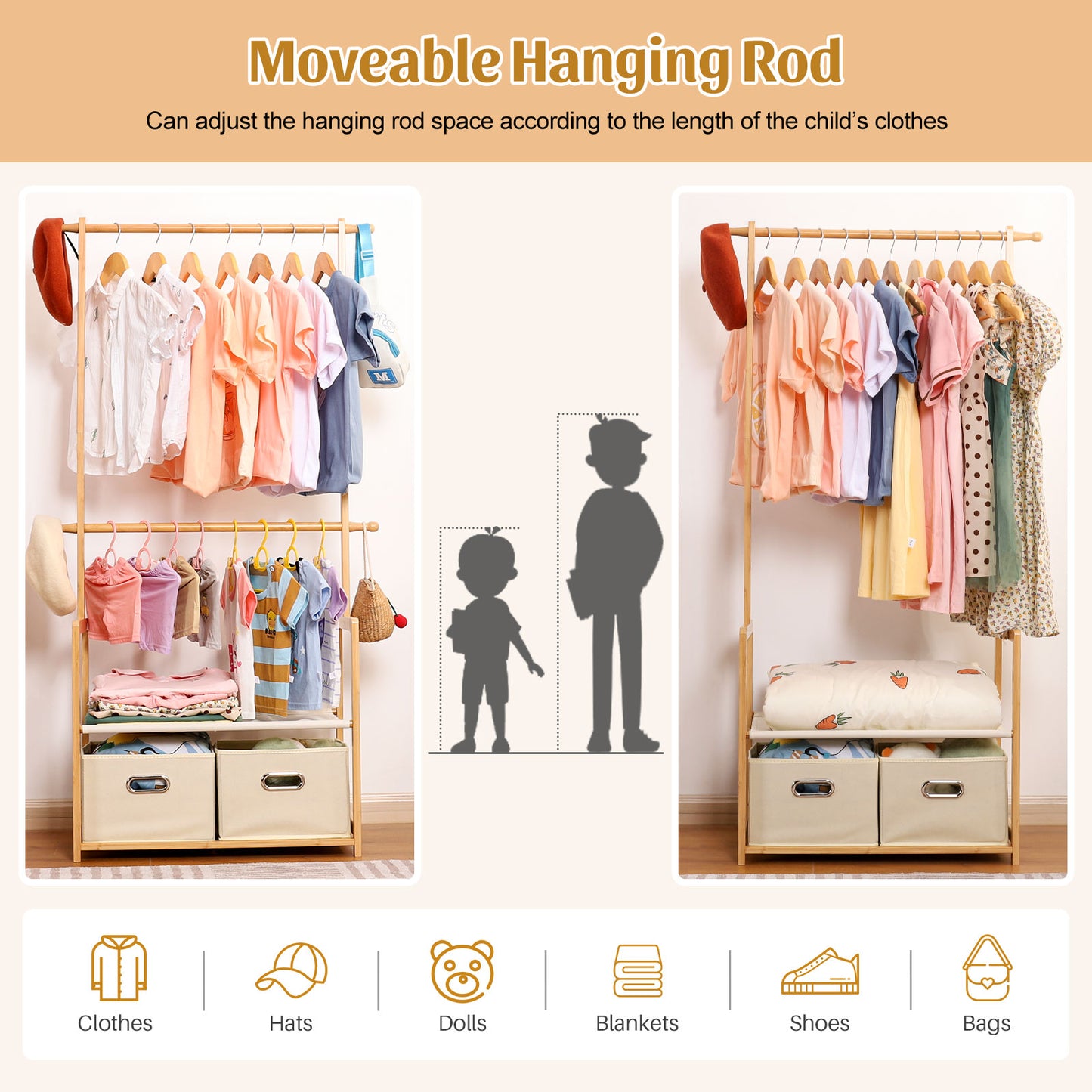 Enogets Bamboo Closet Organizer, Freestanding Clothing Rack with Adjustable Hanging Rods & 2 Storage Baskets for Children's Bedroom