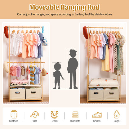 Enogets Bamboo Closet Organizer, Freestanding Clothing Rack with Adjustable Hanging Rods & 2 Storage Baskets for Children's Bedroom